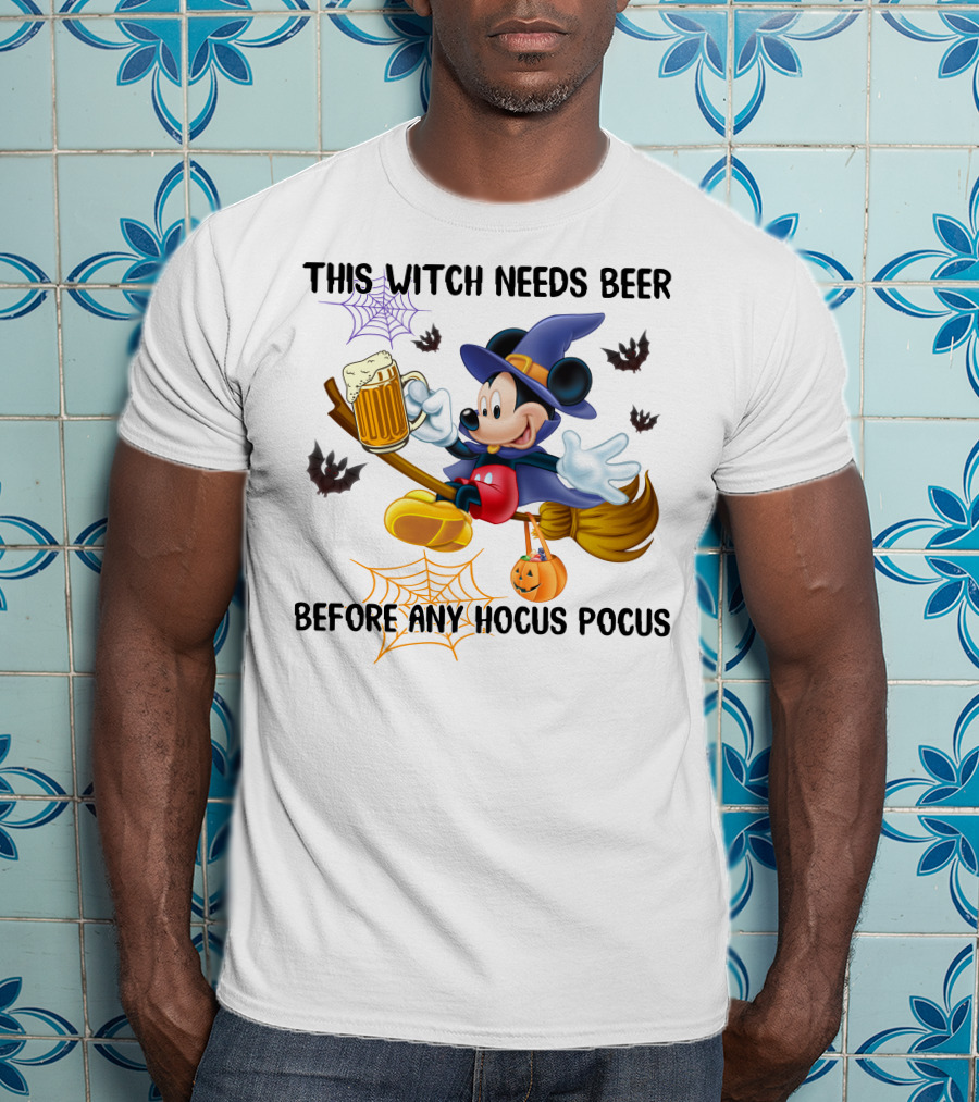 This Witch Needs Beer Before Any Hocus Pocus Halloween Character On Broom With Pumpkin And Beer Mug T-Shirt