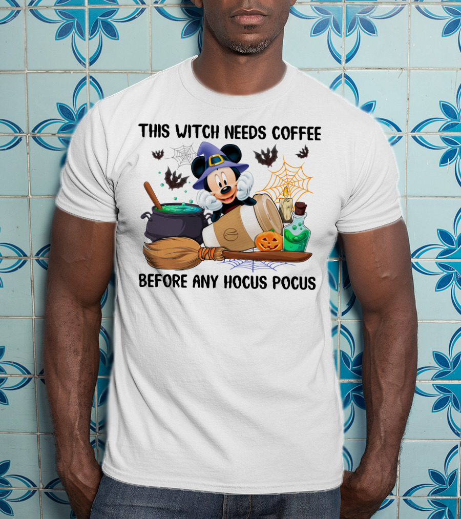 This Witch Needs Coffee Mickey Cauldron Bats Potion Pumpkin Broom Hocus Pocus T-Shirt