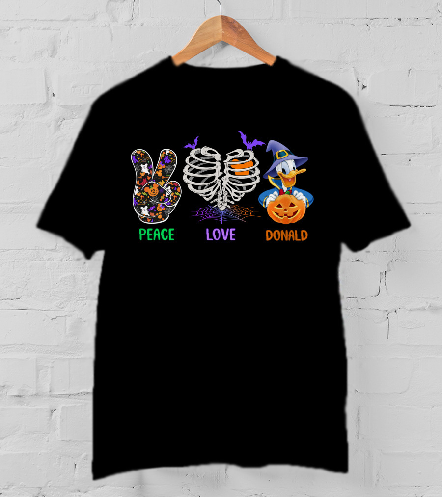 Peace Love Donald Halloween Duck With Pumpkin And Bats T-Shirt