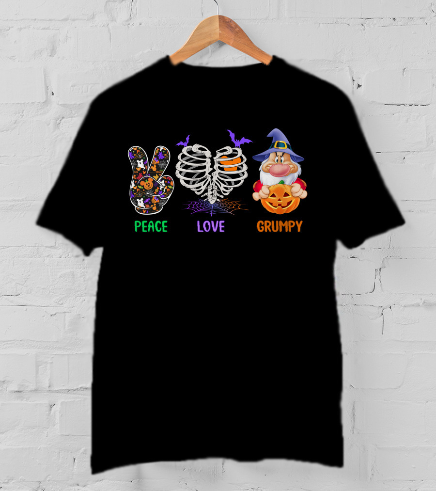 Peace Love Grumpy Halloween Gnome Pumpkins Rib Cage Bat T-Shirt