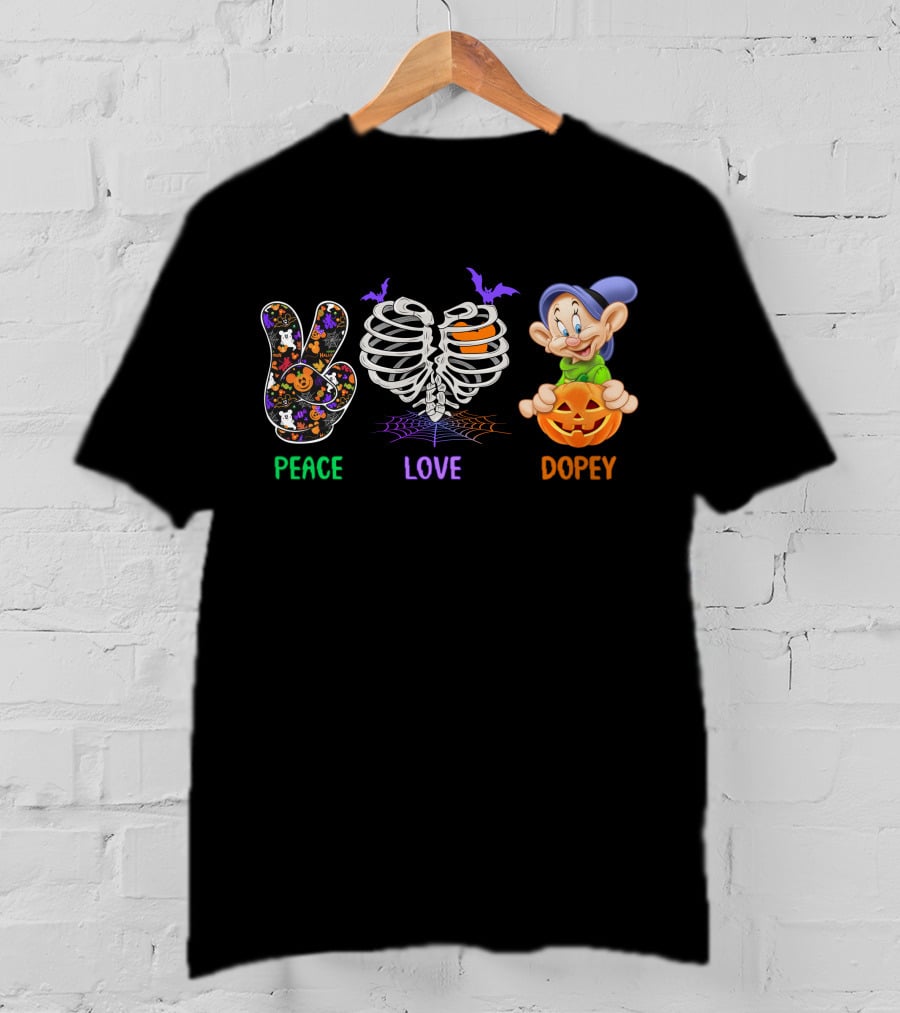 Peace Love Dopey Halloween Skeleton Pumpkin T-Shirt