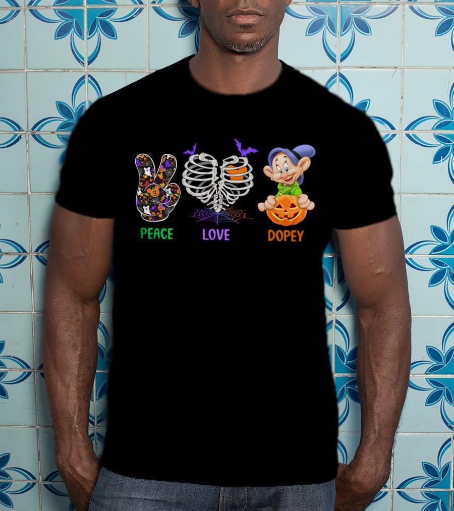 Peace Love Dopey Halloween Skeleton Pumpkin T-Shirt