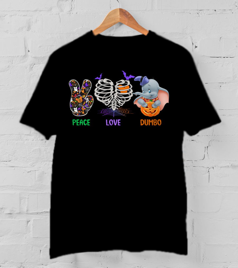 Peace Love Dumbo Halloween Pumpkin Skeleton T-Shirt