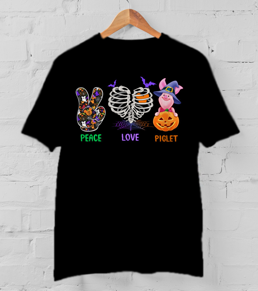 Peace Love Piglet Halloween Theme Pumpkin Skeleton Bats T-Shirt