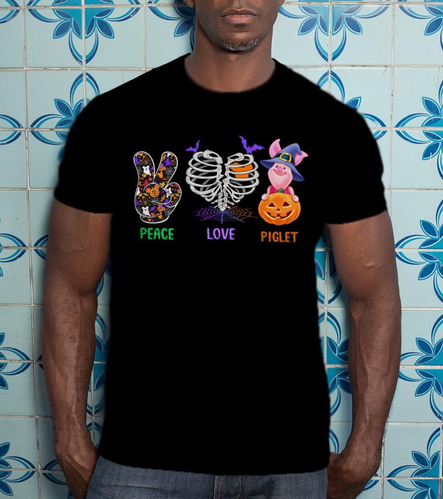 Peace Love Piglet Halloween Theme Pumpkin Skeleton Bats T-Shirt