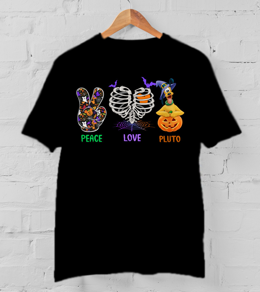 Peace Love Pluto Halloween Pumpkin And Skeleton Rib Cage With Bat Accents T-Shirt