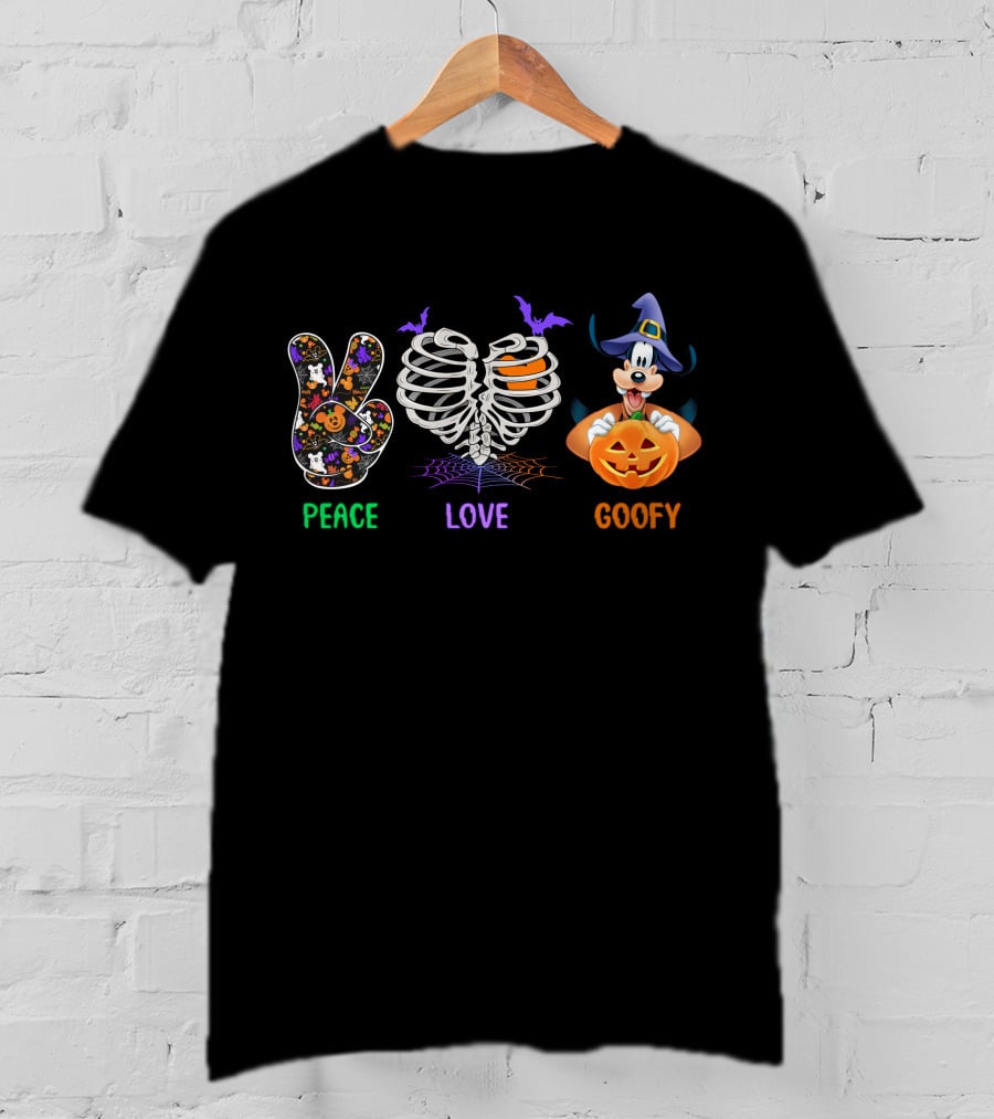 Peace Love Goofy Halloween Skeleton Ribcage Pumpkin And Bat Icons T-Shirt