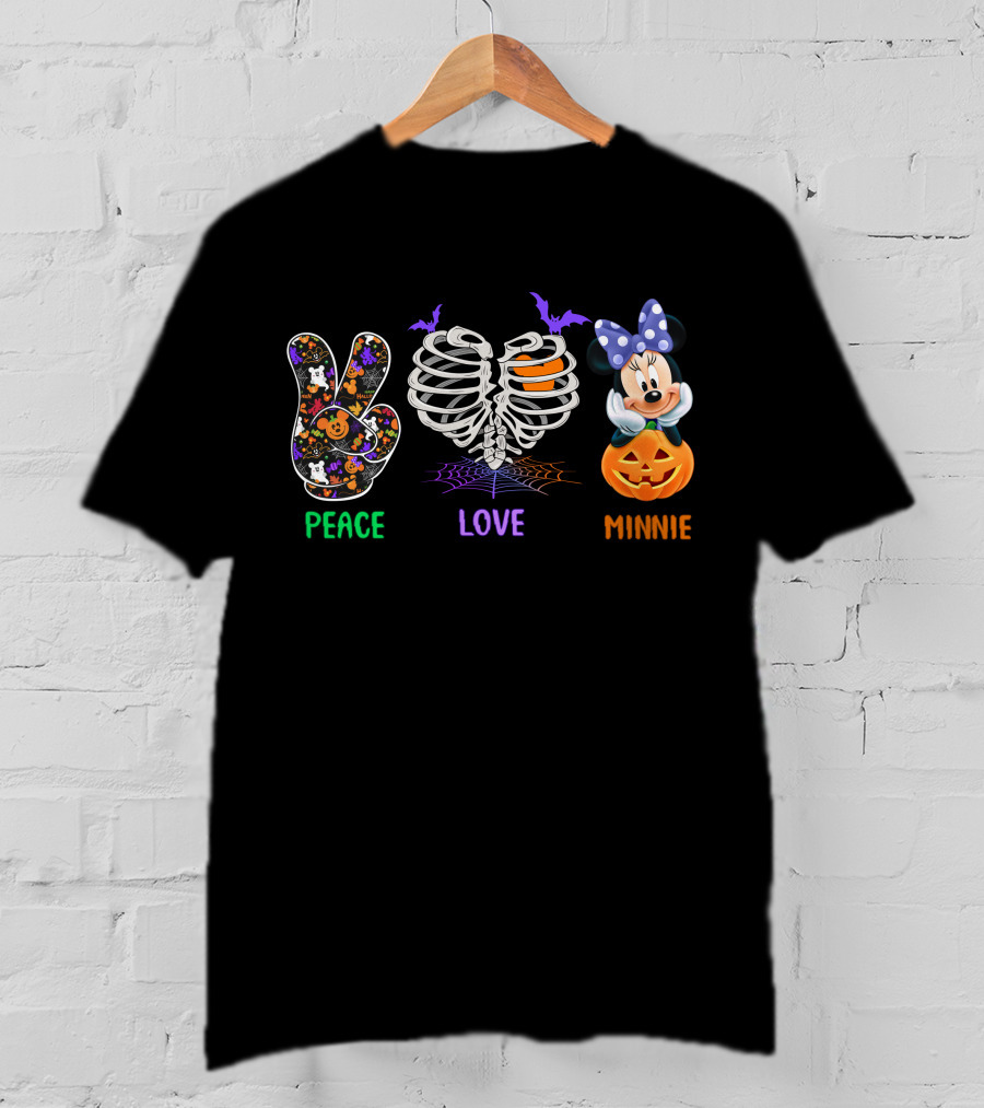 Peace Love Minnie Halloween Skeleton Pumpkin T-Shirt
