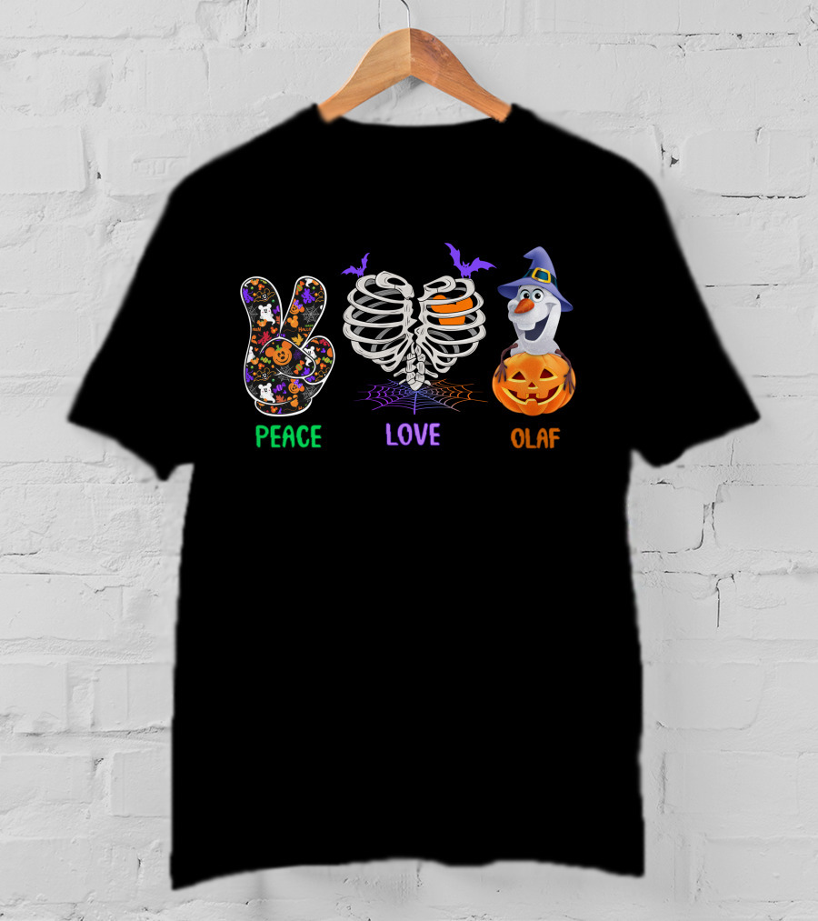 Peace Love Olaf Halloween Pumpkin Skeleton Bats T-Shirt