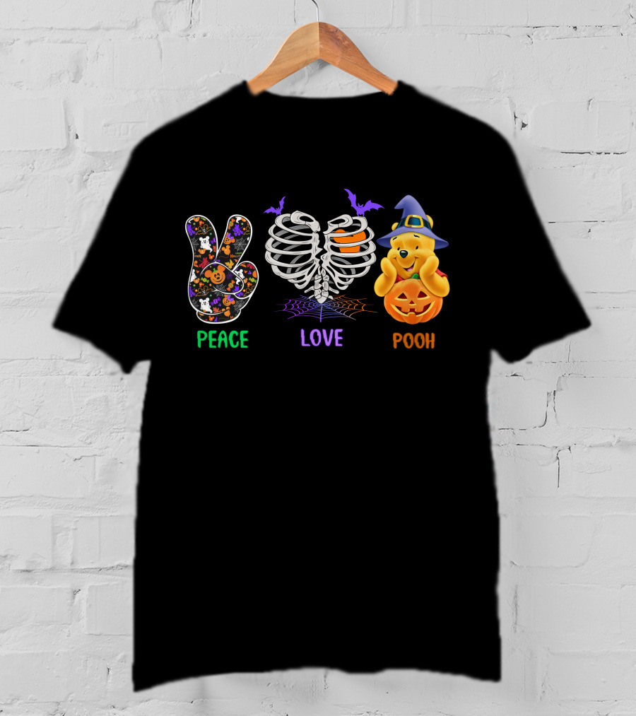 Peace Love Pooh Halloween Pumpkin Skeleton Ribs T-Shirt