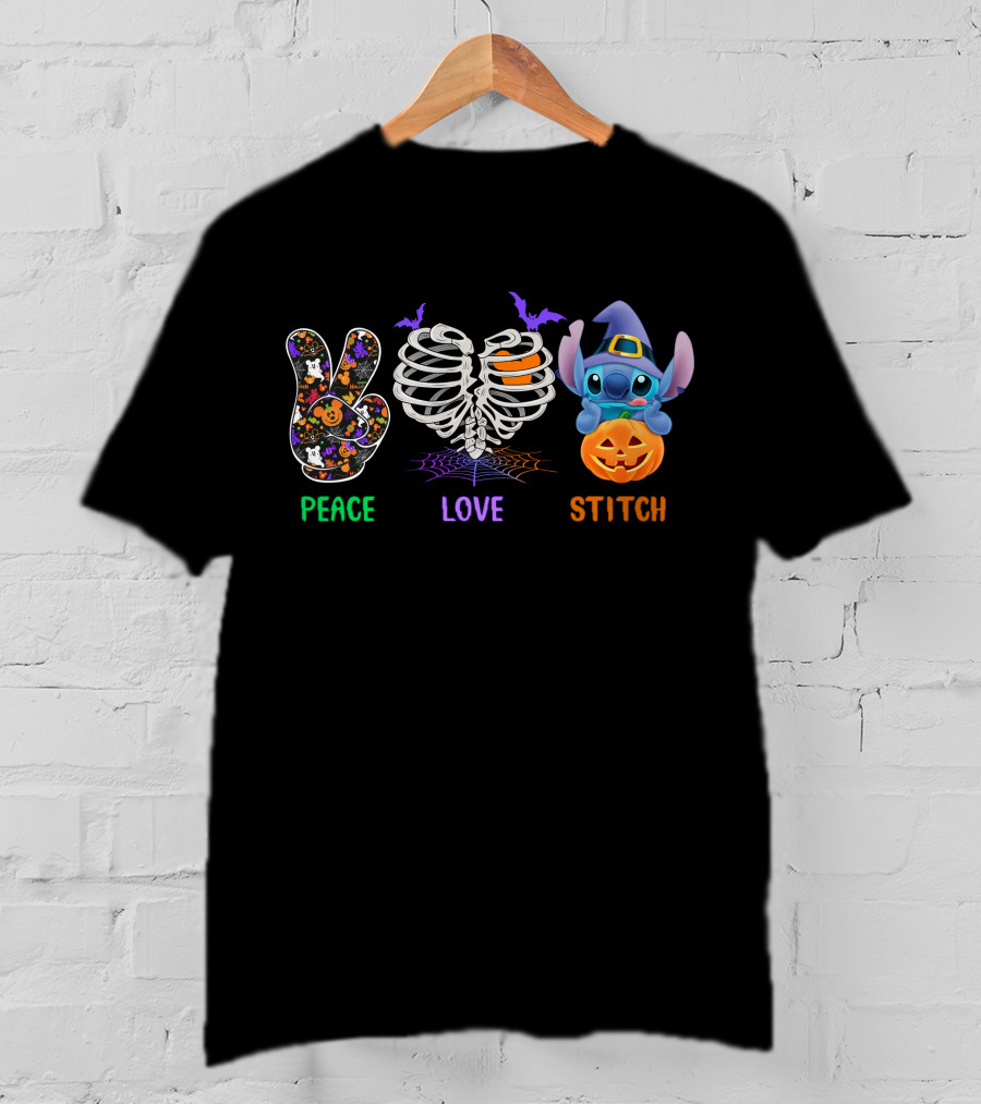 Peace Love Stitch Halloween Pumpkin Skeleton Bat T-Shirt