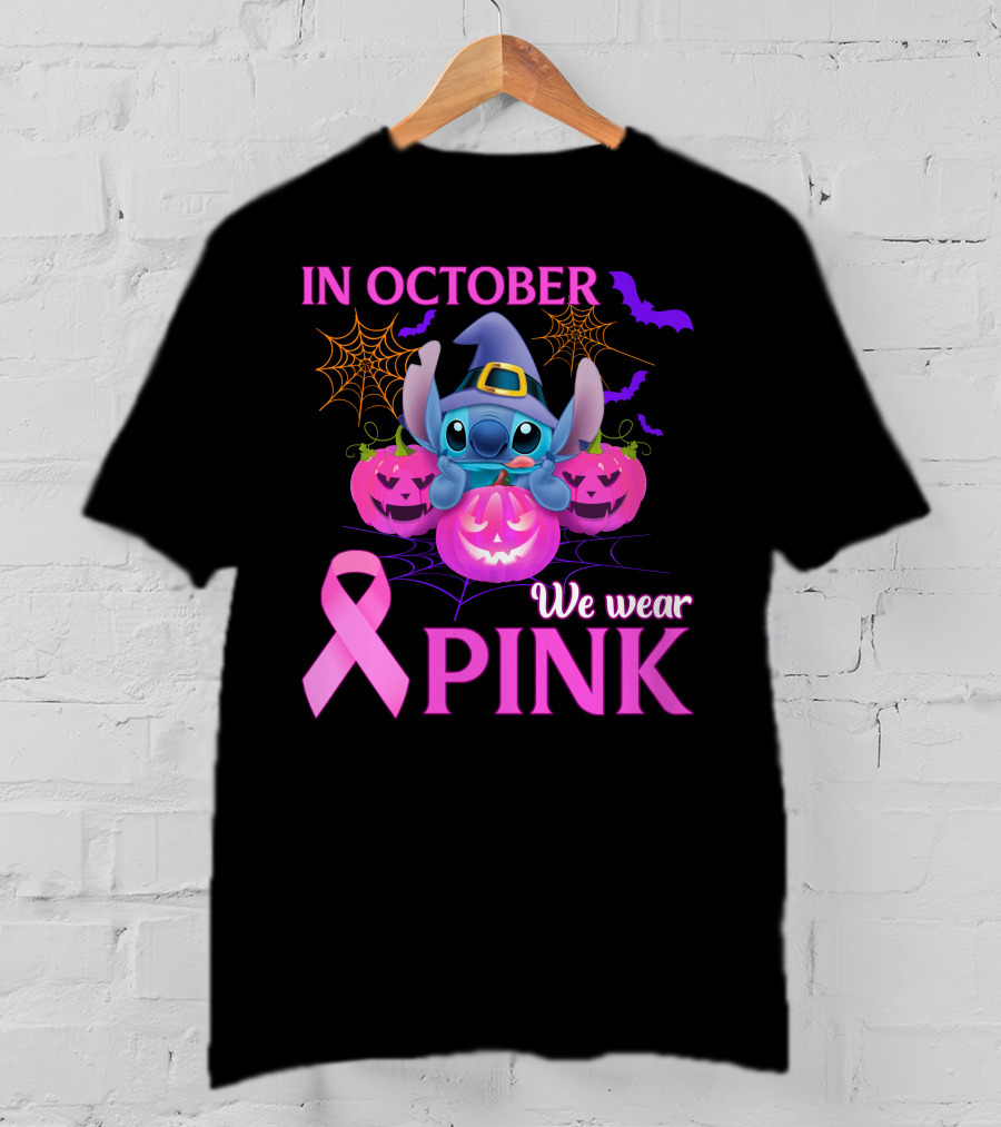 In October We Wear Pink Stitch Halloween Breast Cancer Awareness T-Shirt