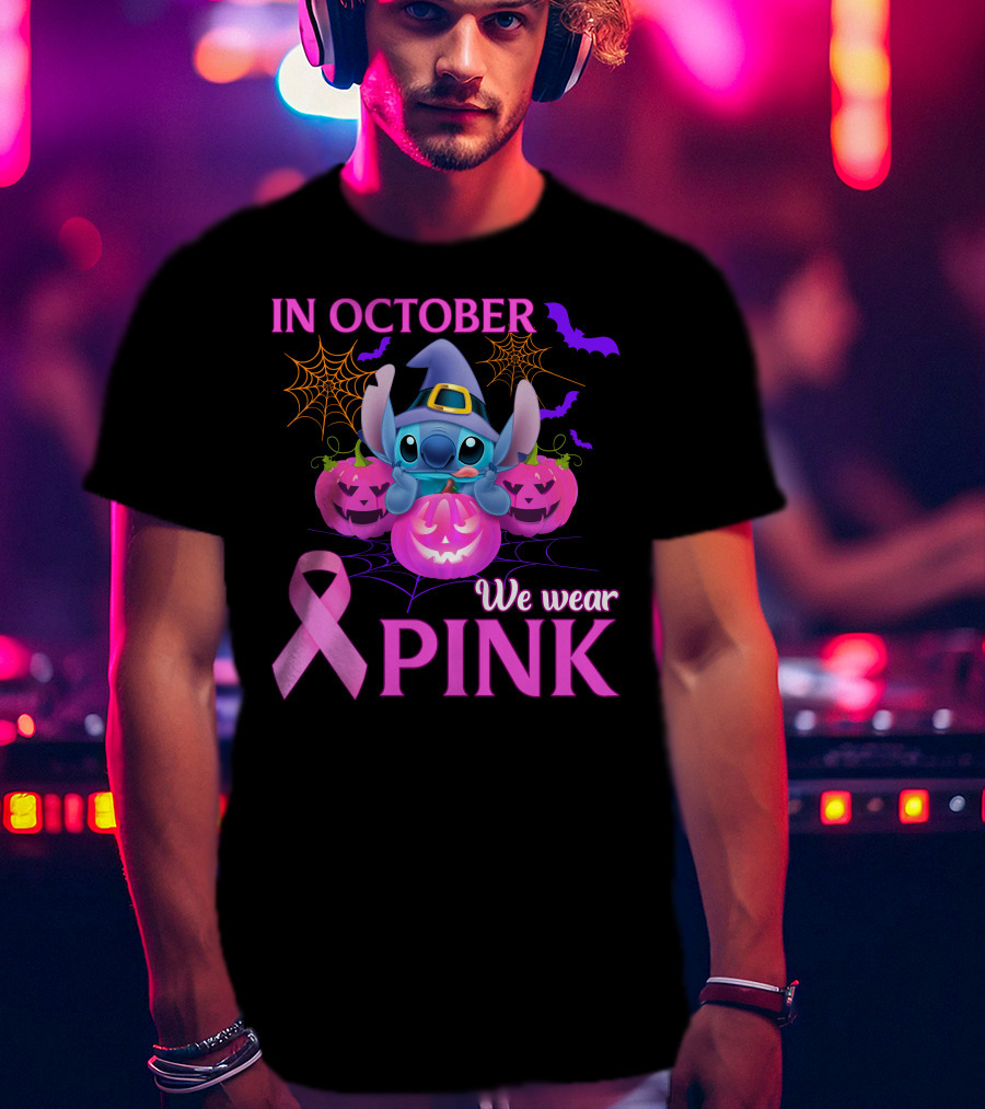 In October We Wear Pink Stitch Halloween Breast Cancer Awareness T-Shirt