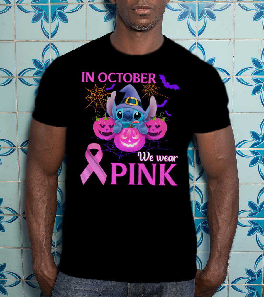 In October We Wear Pink Stitch Halloween Breast Cancer Awareness T-Shirt