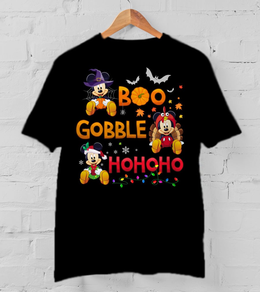 Boo Gobble Hohoho 2 Halloween Thanksgiving Christmas Mickey Minnie T-Shirt