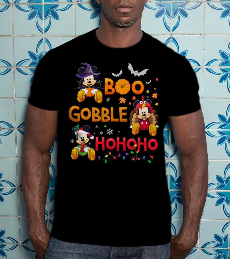Boo Gobble Hohoho 2 Halloween Thanksgiving Christmas Mickey Minnie T-Shirt