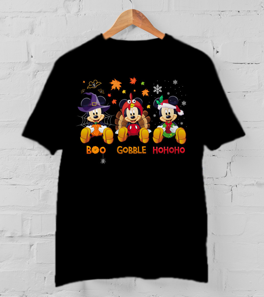 Boo Gobble Hohoho Mickey Mouse Halloween Thanksgiving Christmas Theme T-Shirt