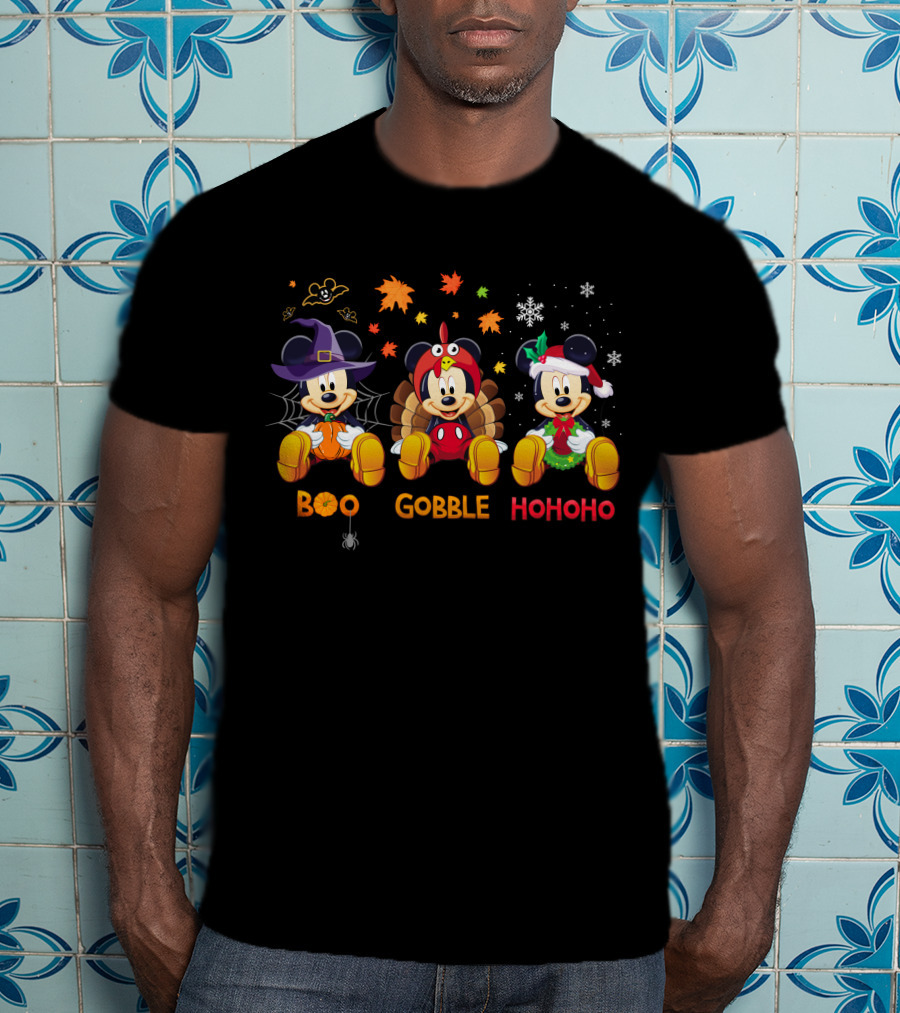 Boo Gobble Hohoho Mickey Mouse Halloween Thanksgiving Christmas Theme T-Shirt