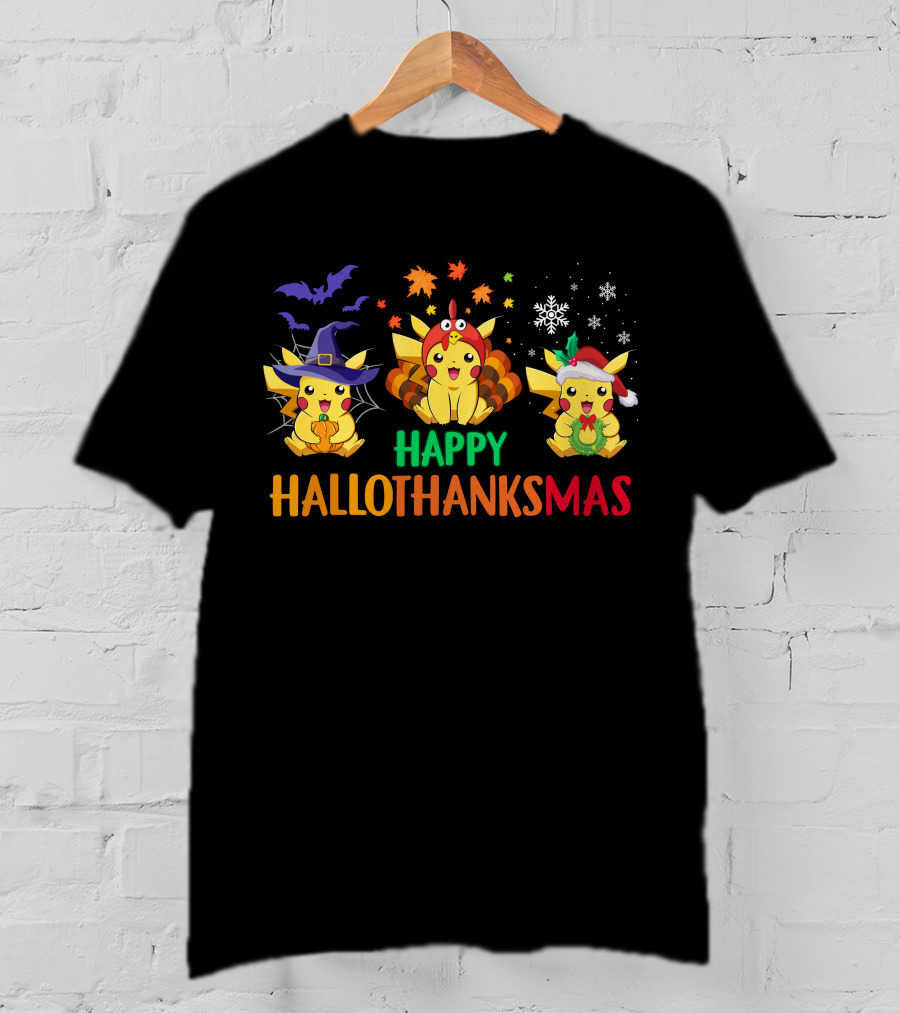 PIKACHU Happy HalloThanksMas Halloween Thanksgiving Christmas T-Shirt