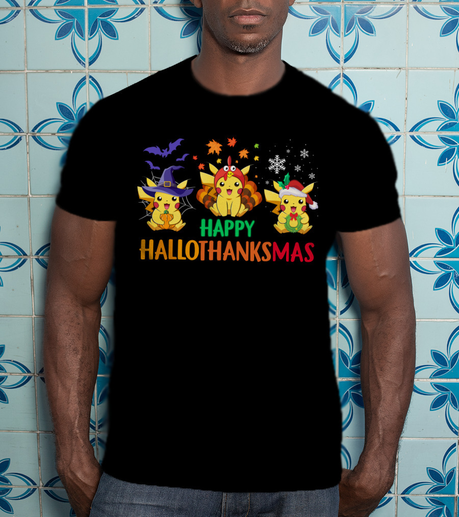 PIKACHU Happy HalloThanksMas Halloween Thanksgiving Christmas T-Shirt