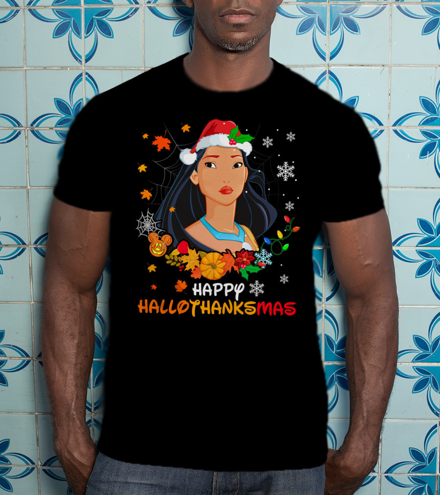 Happy Hallowthanksmas Pocahontas Santa Hat Thanksgiving Christmas Halloween T-Shirt