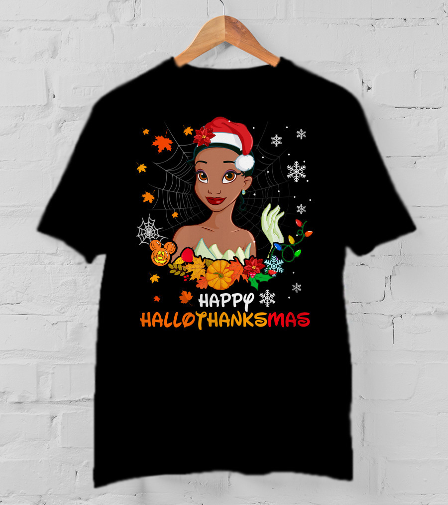 Tiana Happy Hallowthanksmas Snowflakes Spider Web Leaves Flowers T-Shirt