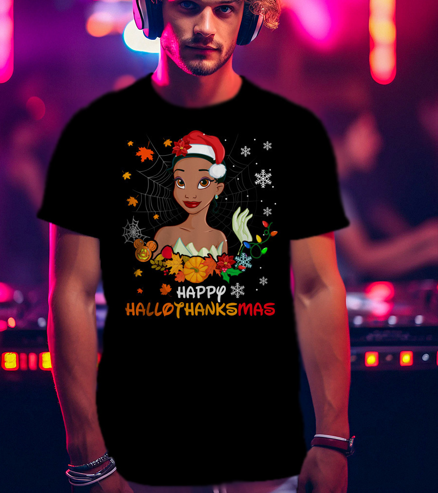 Tiana Happy Hallowthanksmas Snowflakes Spider Web Leaves Flowers T-Shirt