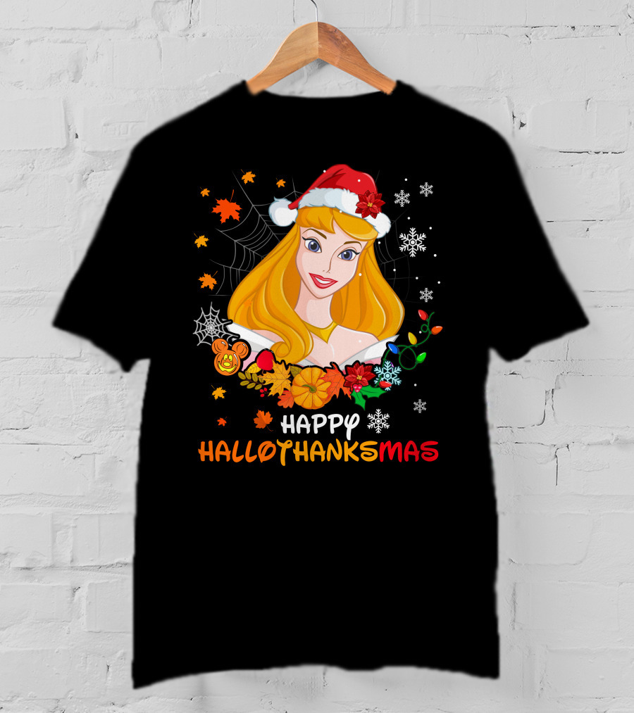 Happy Hallothanksmas Aurora Santa Hat Snowflakes Leaves T-Shirt