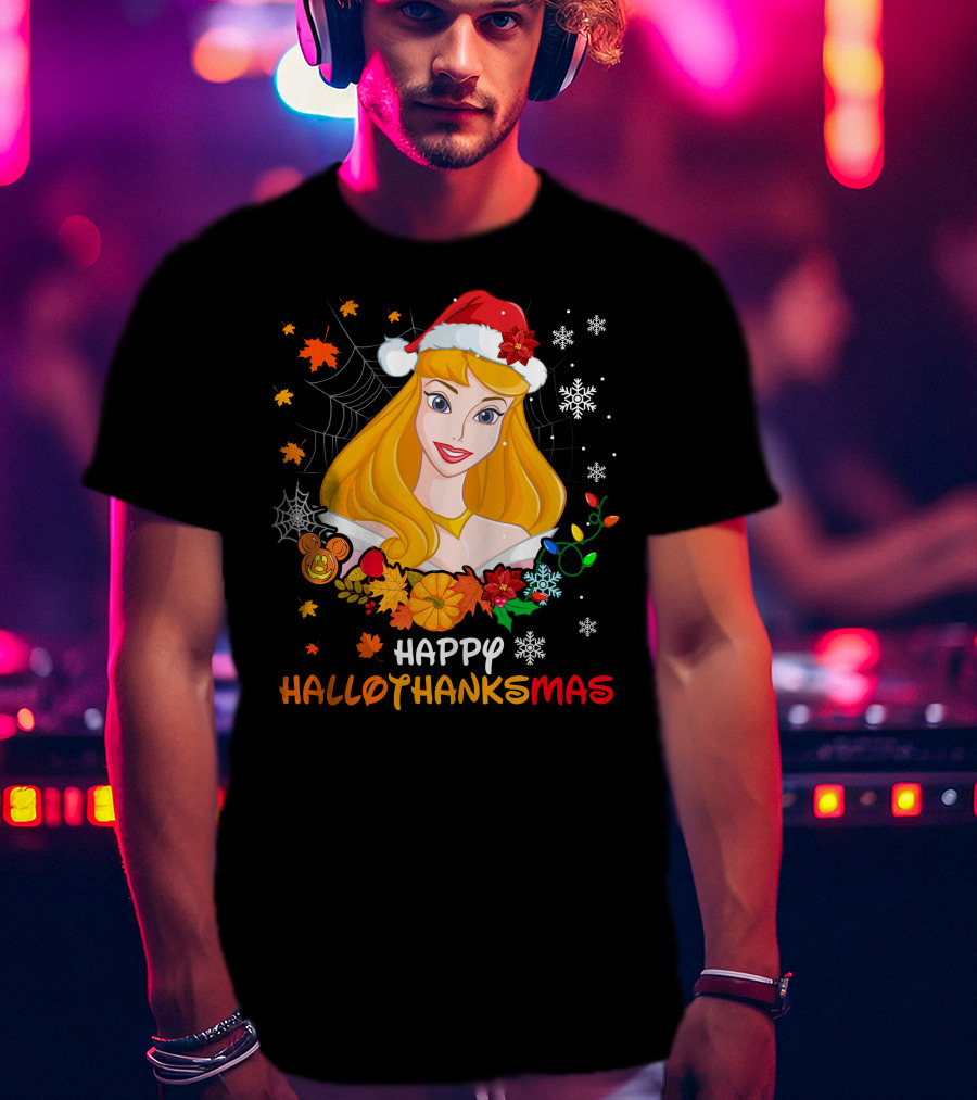 Happy Hallothanksmas Aurora Santa Hat Snowflakes Leaves T-Shirt