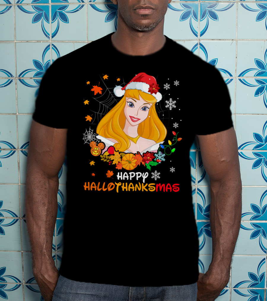 Happy Hallothanksmas Aurora Santa Hat Snowflakes Leaves T-Shirt