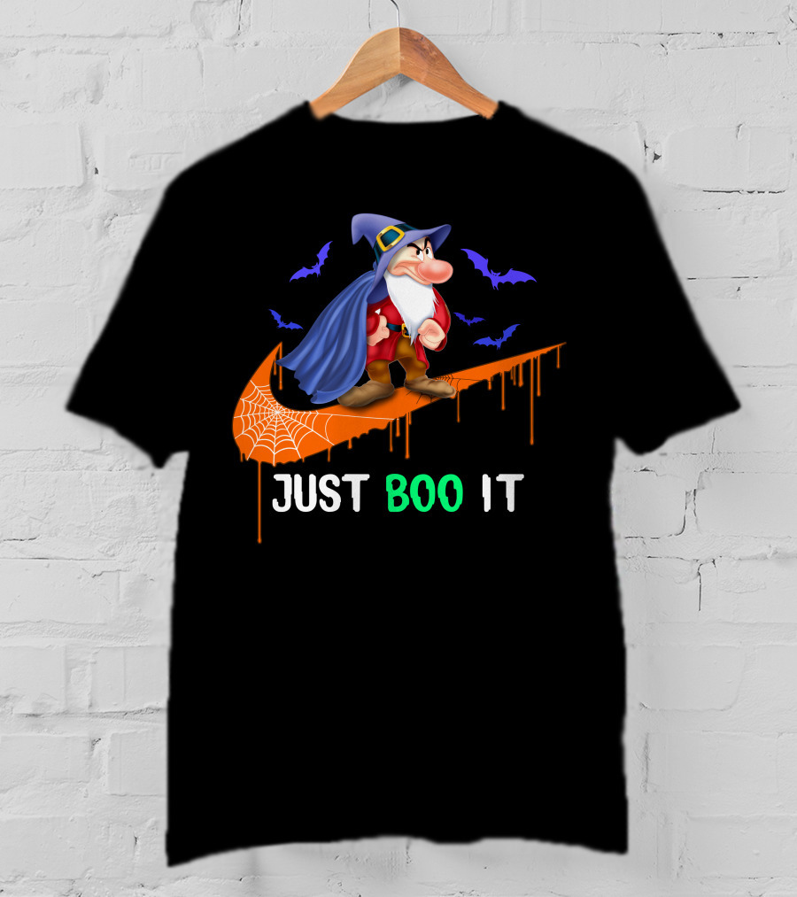 Just Boo It Witch Hat Grumpy With Purple Bats And Orange Swoosh T-Shirt