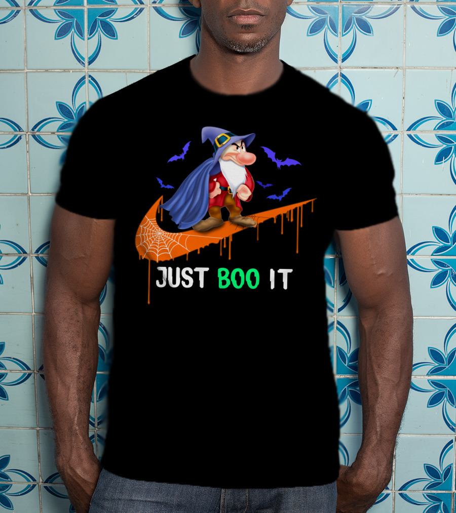 Just Boo It Witch Hat Grumpy With Purple Bats And Orange Swoosh T-Shirt
