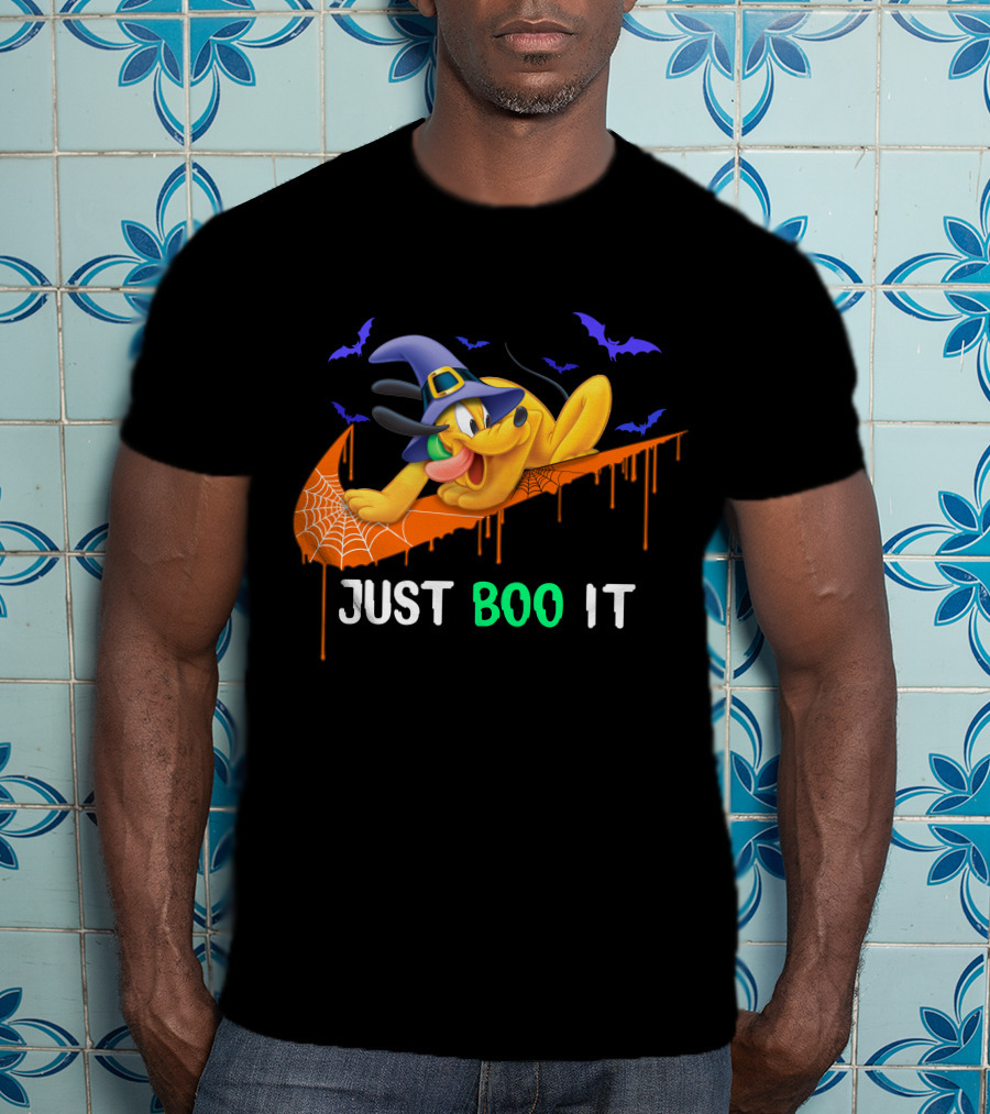 Just Boo It Halloween Pluto Witch Hat Bats Nike Swoosh T-Shirt