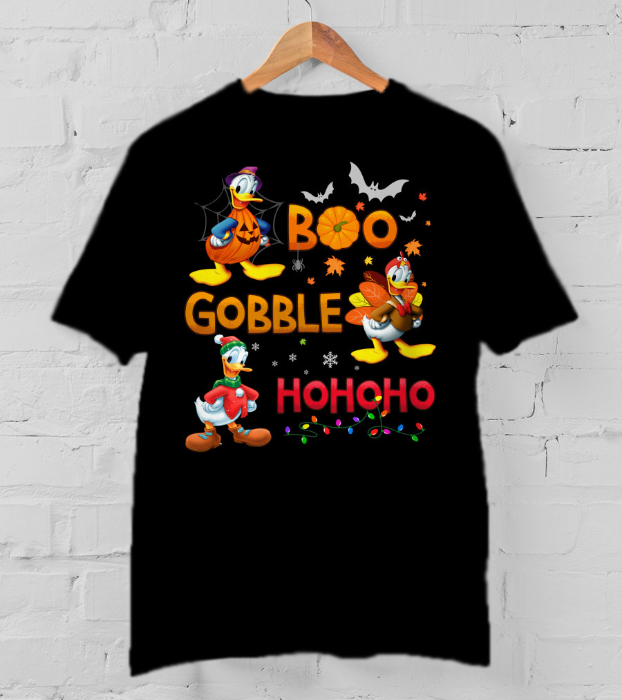 Boo Gobble Hohoho Donald Duck Halloween Thanksgiving Christmas T-Shirt