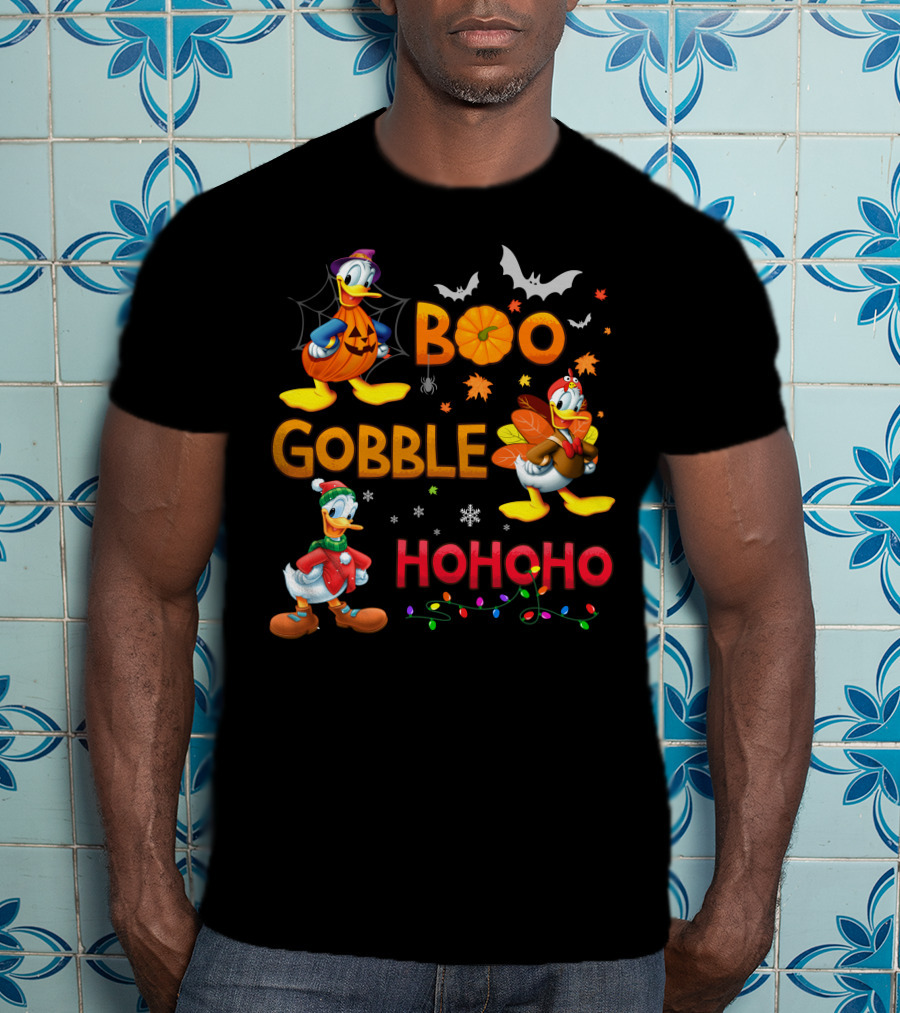 Boo Gobble Hohoho Donald Duck Halloween Thanksgiving Christmas T-Shirt
