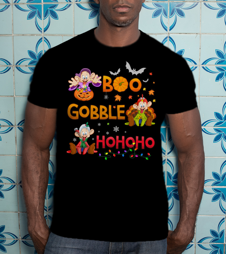 Boo Gobble Hohoho Dopey Halloween Thanksgiving Christmas T-Shirt