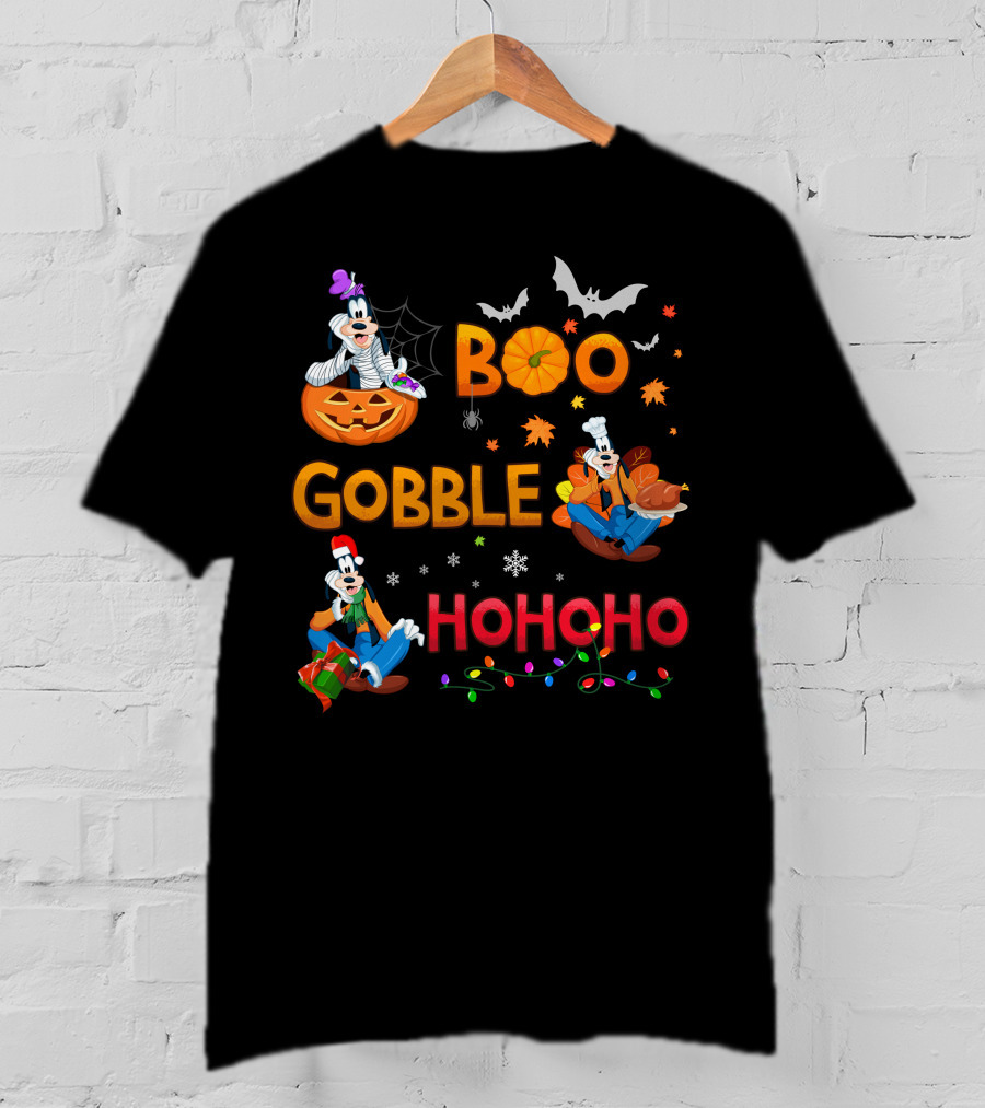 Boo Gobble Ho Ho Ho Goofy Halloween Thanksgiving Christmas T-Shirt