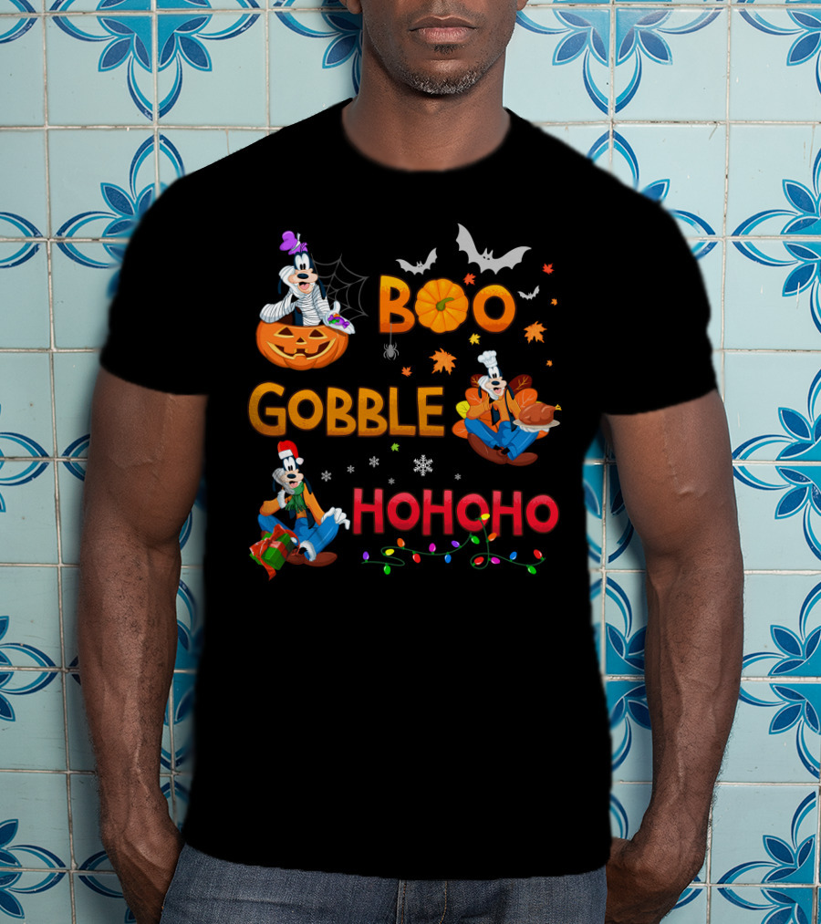 Boo Gobble Ho Ho Ho Goofy Halloween Thanksgiving Christmas T-Shirt
