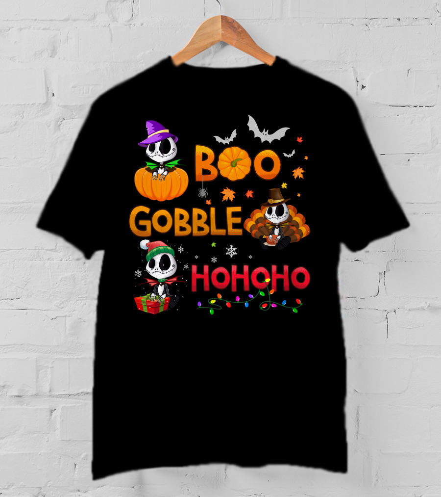 Boo Gobble Hohoho Jack Skellington Halloween Thanksgiving Christmas T-Shirt