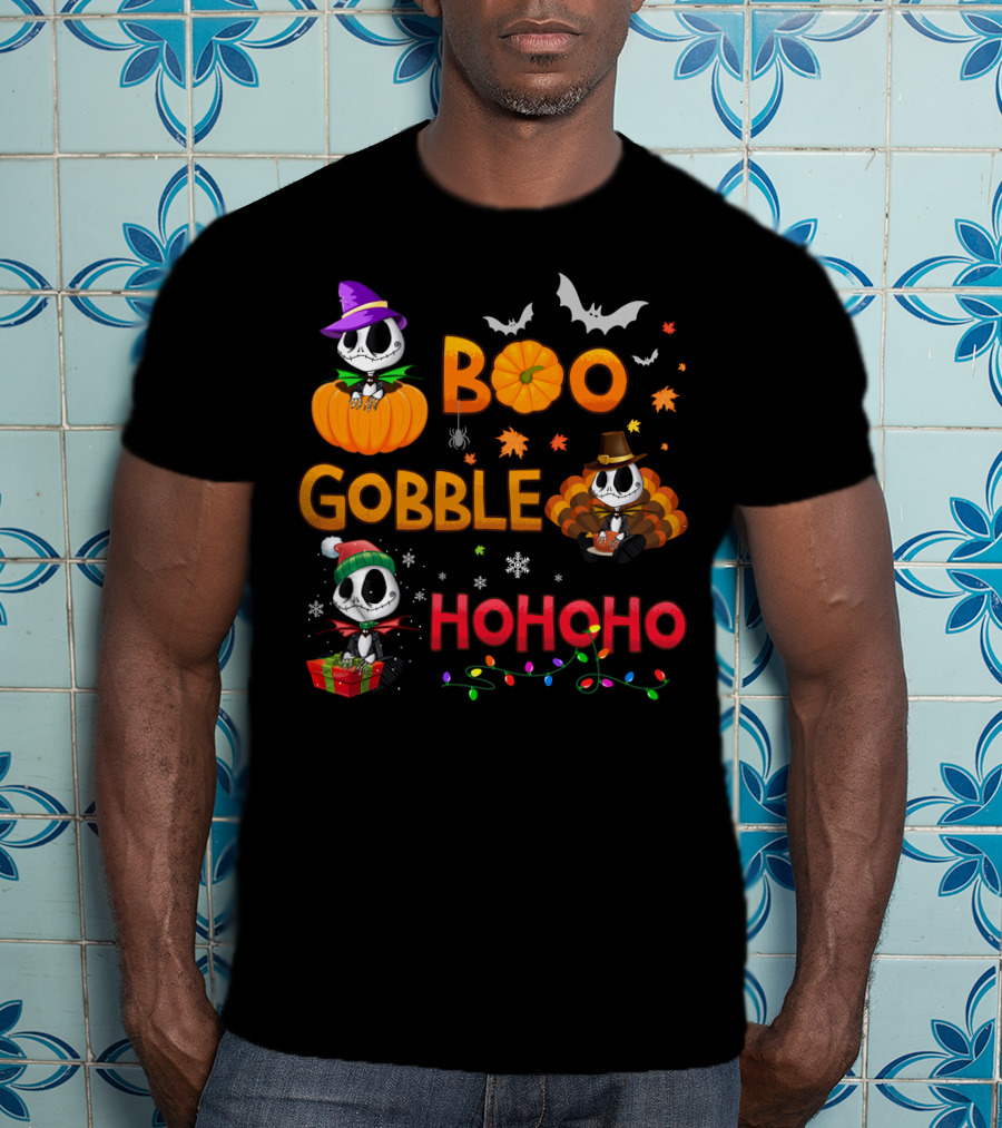 Boo Gobble Hohoho Jack Skellington Halloween Thanksgiving Christmas T-Shirt