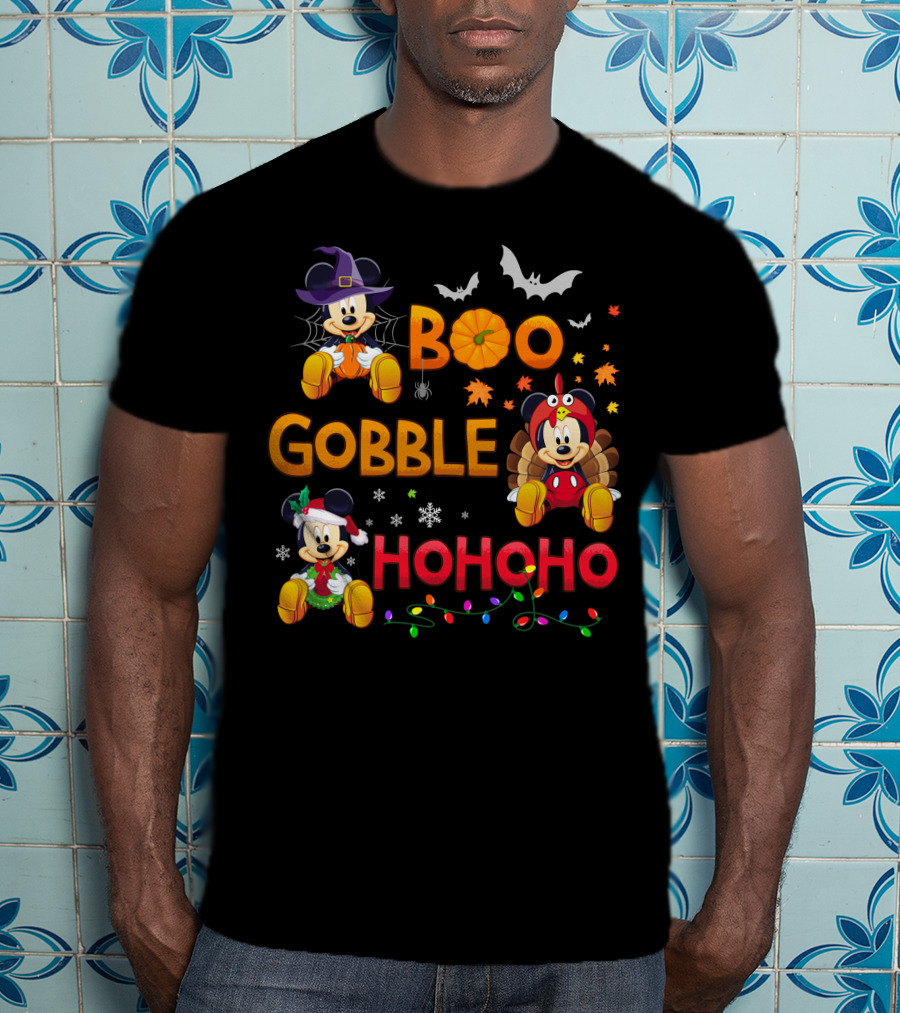 Boo Gobble Hohoho Mickey Mouse Halloween Thanksgiving Christmas T-Shirt