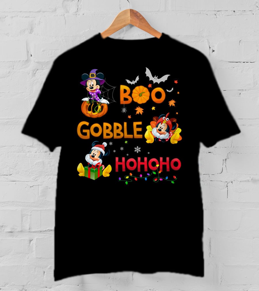Boo Gobble Ho Ho Ho Minnie Halloween Thanksgiving Christmas T-Shirt