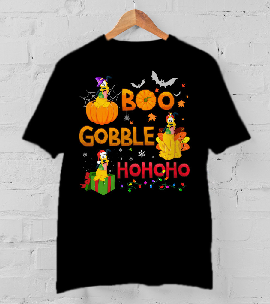 Boo Gobble Hohoho Pluto Halloween Thanksgiving Christmas T-Shirt