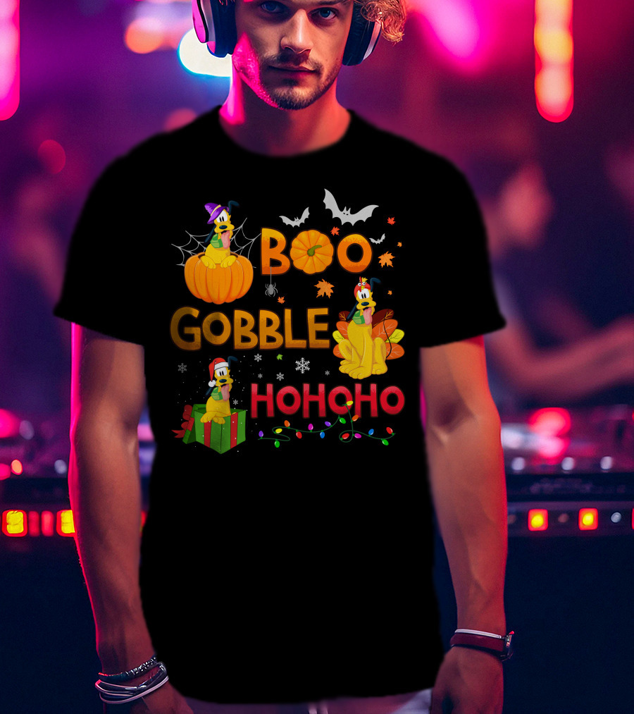 Boo Gobble Hohoho Pluto Halloween Thanksgiving Christmas T-Shirt