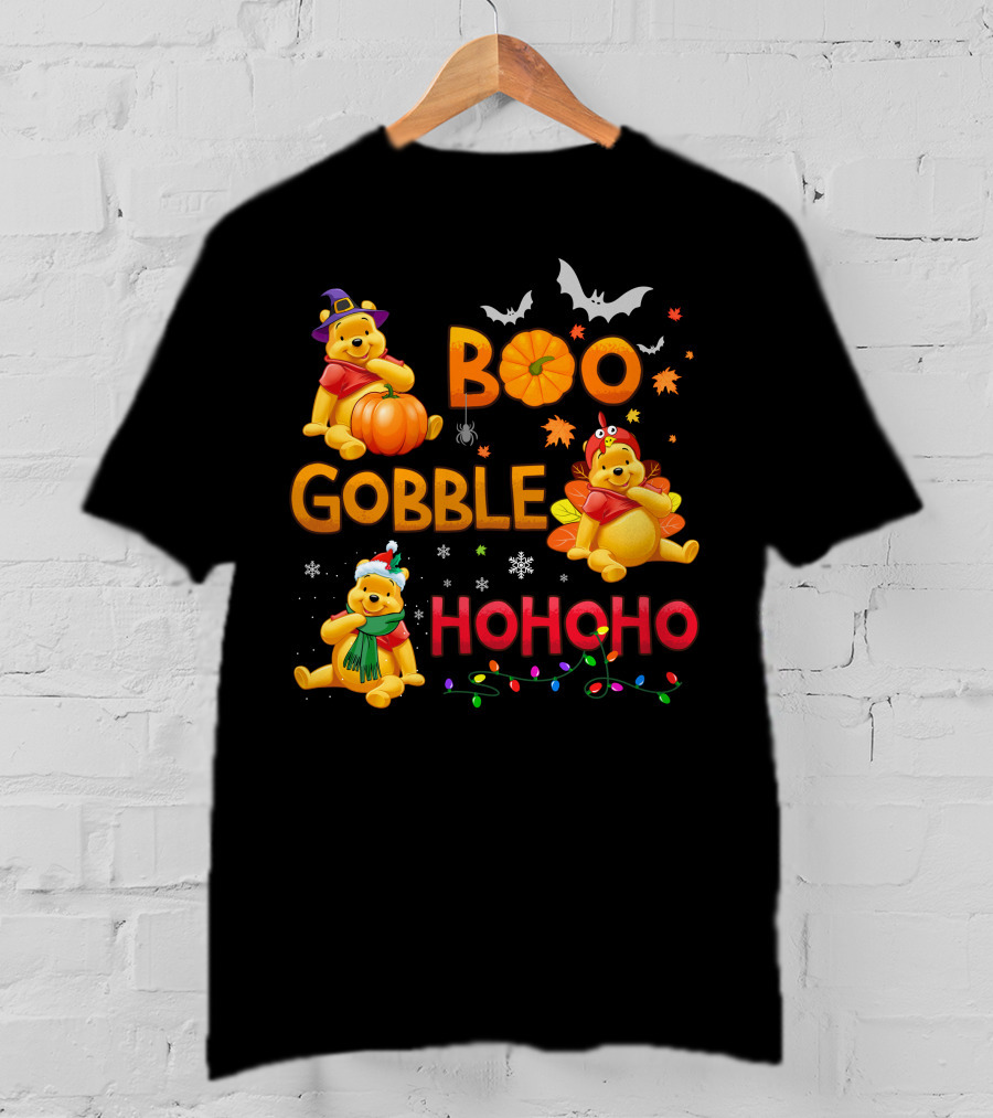 Boo Gobble Hohoho Pumpkin Bat Leaves Pooh T-Shirt