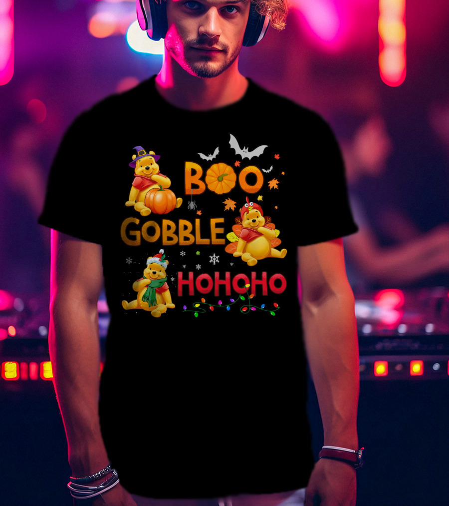 Boo Gobble Hohoho Pumpkin Bat Leaves Pooh T-Shirt