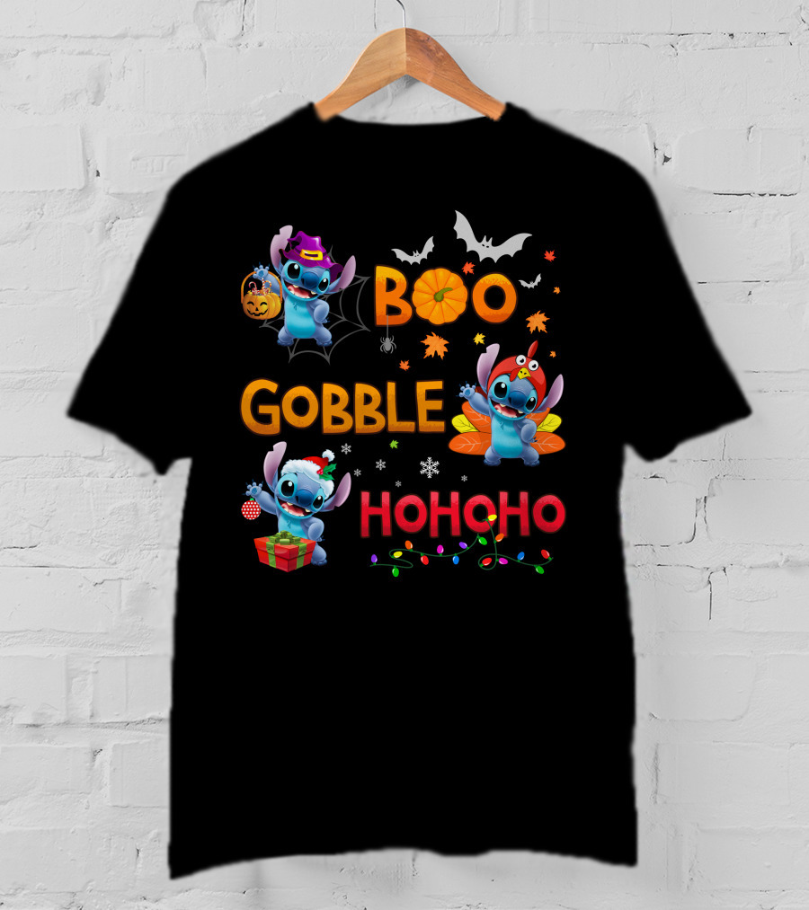 Boo Gobble Hohoho Stitch Halloween Thanksgiving Christmas T-Shirt