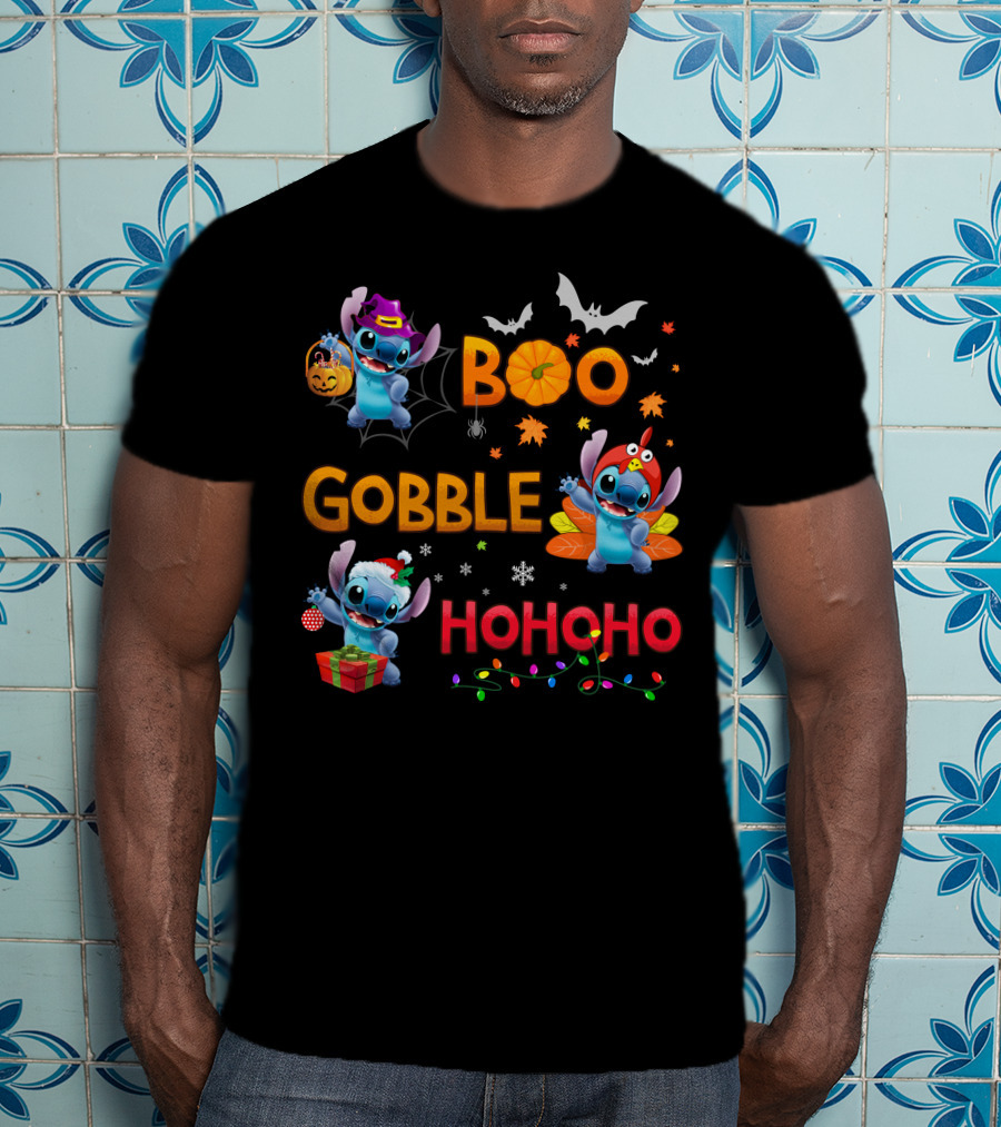 Boo Gobble Hohoho Stitch Halloween Thanksgiving Christmas T-Shirt