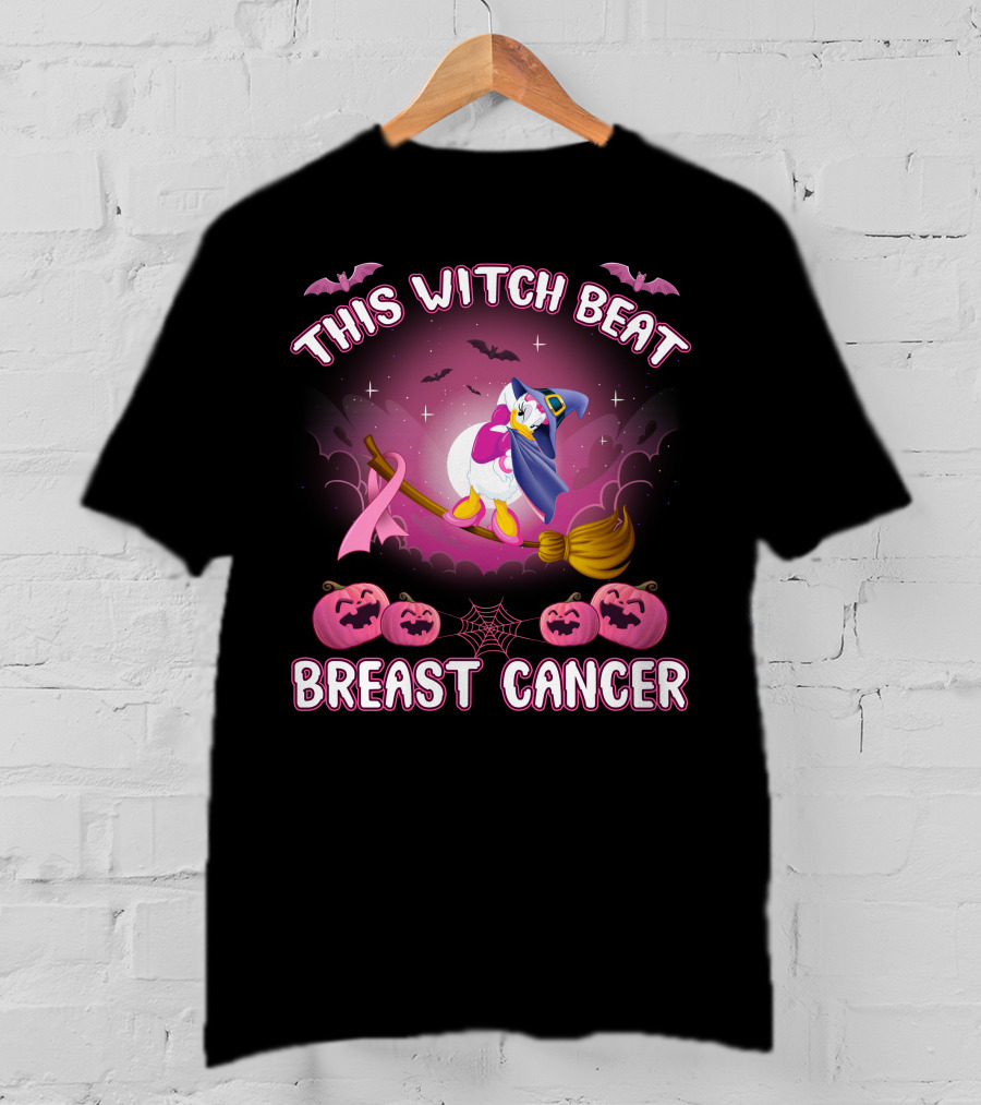 This Witch Beat Breast Cancer Daisy D Broom Pink Ribbon Pumpkins Bat Night Sky T-Shirt