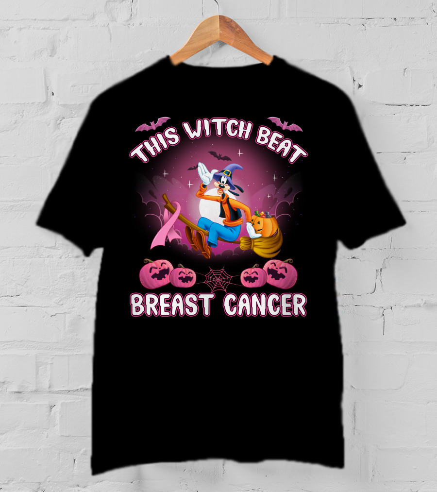 This Witch Beat Breast Cancer Goofy D Halloween Pumpkins Broom Ribbon T-Shirt